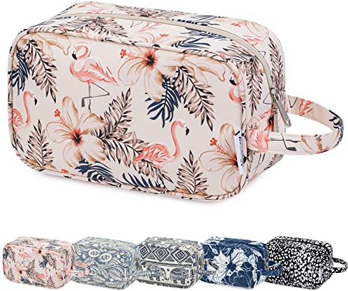 Narwey Schminktasche Kosmetiktasche Damen Wasserdicht Kulturbeutel Reise Kosmetik Organizer Stylisches Design Reise Essentials (Beige Flamingo)