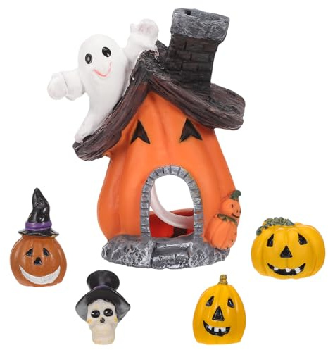 5PCS Halloween Pumpkin Ghost House Figurine Resin Pumpkin Aquarium Ornament for Fish Tank Decorations