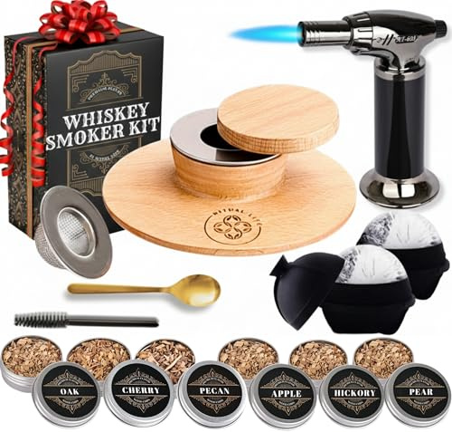 Cocktail Smoker Kit - Whiskey Bourbon Drink Smoker with Torch, Custom Top, 2 Ice Ball Makers, 6 Flavors Wood Chips - Smokers for Whiskey Drinks - Cocktail Drink Smoking Kit - Unique Gifts for Him
