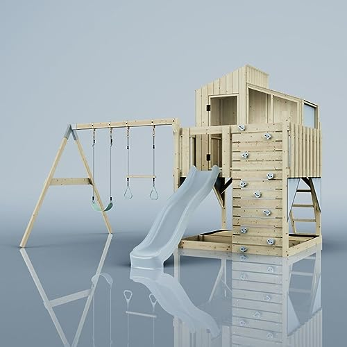 Rebo Spielturm mit Spielhaus inkl. Wellenrutsche, Kinder-Schaukel und Trapezstange| Outdoor Klettergerüst Garten | Kletterwand und Kletterleiter | Stabile Konstruktion