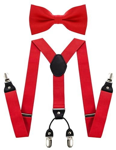 JEMYGINS Herren Hosenträger mit Vier Clips und Elastischem Rückenband inklusive Fliege Set