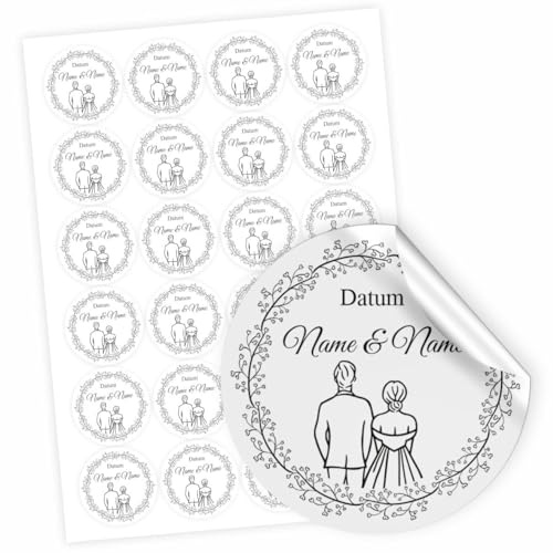 Hochzeit Aufkleber - 24 Stück Personalisierte Aufkleber mit Wunschnamen und Datum - 4,5 cm Runde Papieraufkleber Etiketten für Hochzeit, Gastgeschenke, Einladungskarte (Style 1)