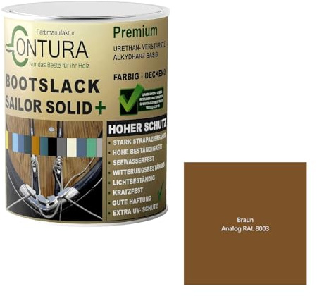 Contura Bootslack Farbig SEIDENMATT Yacht- Buntlack Metall Holz GFK Holzlack Boot Farblos (Braun - RAL 8003 Analog, 2,5 Liter)