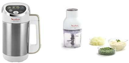 Moulinex Blender chauffant, 1000 W, Capacité 1.2 L, 5 programmes automatiques & Hachoir électrique, Fonctions 3-en, Emince, Hache, Mixe, 300 W, 4 lames, 400 ml, Système de pression simple
