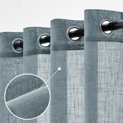 Woaboy Leinen Gardinen Halbtransparent Vorhänge Leinenoptik Wohnzimmer mit Ösen Stores Gardine Schlafzimmer Modern Ösenvorhang Schlaufengardinen 2er Set 140x225cm (BxH) Navy Blau