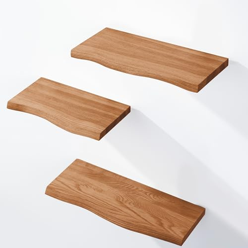 LAMO Manufaktur 3 Stück Wandregal aus Holz mit unsichtbarer Befestigung 40/35/30cm | Wandregal aus 100% echtem Holz | Hängeregal für Wohnzimmer Wandregale Set 1 Baumkante Farbe: Dunkel