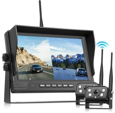 Podofo 2 caméras de recul sans Fil avec écran 9 IPS, caméras de recul HD pour Camion, remorque, Camping-Car, Bus, Enregistrement en Boucle, IP68, étanche BSD Dash Cam