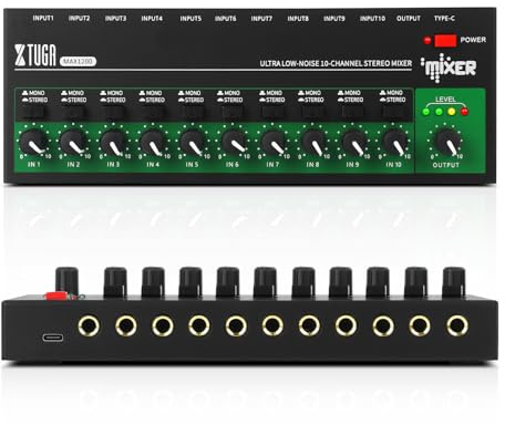 XTUGA 10 Channel Line Mixer, Stereo Mono Sound Mixing Board Low Noise 1/4 TRS Output and Input for Small Clubs, Bars, As Guitars, Bass, Keyboards, MAX1200