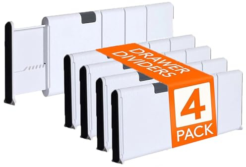 XIANTIAN 4 Pack Drawer Dividers，4.1 High, 11-17.5 Adjustable Drawer Organisers for Clothes,White Plastic Drawer Organiser Divider for Kitchen Bedroom Office Desk Drawer (White-4 Pack)