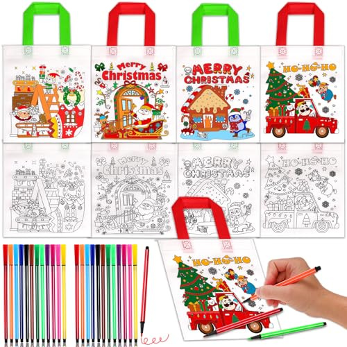 HOWAF 12 Weihnachten Stoffbeutel zum Bemalen, Weihnachtstüten Weihnachts Tüten Non-Woven Taschen zum Bemalen & 24 Farbe Buntstifte für Basteln Weihnachten Kinder, Geschenktüten Weihnachtsdeko, B