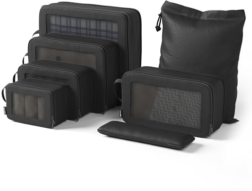 ONYX 7-teiliges Packing Cubes Compression Set inkl. Schuhbeutel bzw. Wäschesack – Packwürfel Kompression für bis zu 50% Platzersparnis, Koffer Organizer Set aus 900D Polyester, Schwarz