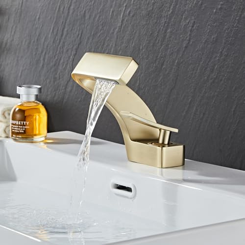 MocArt 2239 Wasserfall-Badezimmerhahn, Keramikkartusche, Kupfer-Duscharmatur für Hotel Badewannen, Einlochmontage, wassersparend, hochwertig für Dusch- & Waschbecken (Gebürstetes Gold)