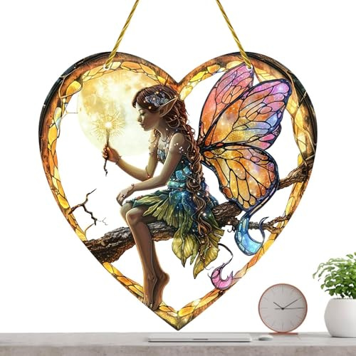 Hugsweet Sonnenfänger Fee, herzförmiger Feen-Sonnenfänger, Acryl-Fenster-Wanddekoration, Gebeiztes Acryl-Fensterdekor, herzförmige Feen-Hängedekoration für das Wohnzimmer
