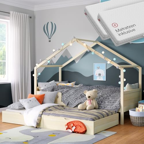 Bellabino Bela Kinderbett 90x200 cm, mit Gästebett, Hausbett, Natur | mit Matratze, Rausfallschutz & Lattenrost, für Jungen und Mädchen, Montessori Bett aus Holz