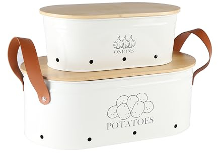 Xbopetda Potato and Onion Storage Bin, Metal Potato Storage with Bamboo Lid & Handle, Potato Bin Onion Holder with Aerating Holes, Kitchen Pantry Storage Bin for Onion Potato Vegetable Produce - White