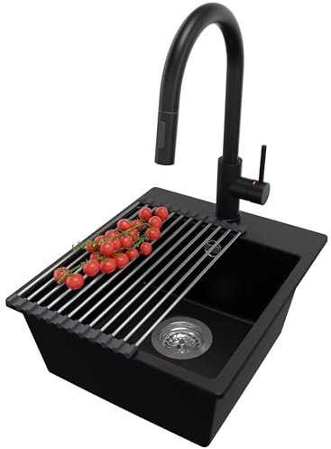 PRIMAGRAN Fregadero Granito al Mueble 40cm + Grifo, 38x44cm | Set: Grifo BW9010 + Kit de desagüe + Enrollable Escurridor + Riga Easy 1 Seno para Cocina, Negro