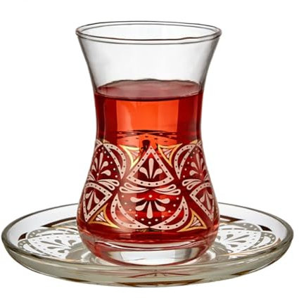 Vaso de té turco, taza de cristal decorativa de 175 ml con platillo, patrón tradicional de Oriente Medio (tipo A)