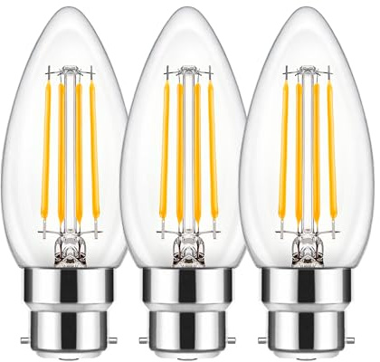 EvaStary 60W B22 LED Candle Filament Bulb, 6W 720LM Bayonet Light Bulb Warm White 2700K, C35 Bayonet Cap Candle LED Bulbs, Non-Dimmable for Chandeliers, 3 Pack