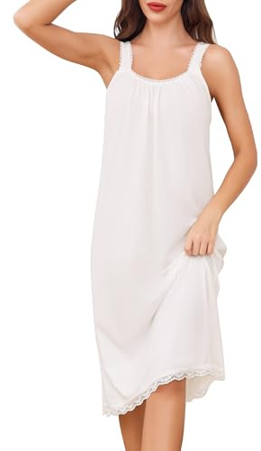 Vlazom Nighties for Women Sleeveless Cotton Nightgown Elegant Lace Trim Nightdress Sleep Shirt Sleepwear White,L