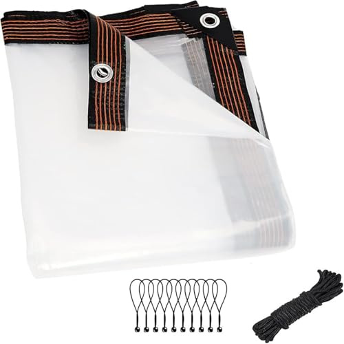 Telone trasparente resistente da 4,5 x 4,7 m, impermeabile, resistente agli strappi, con occhielli e bordi rinforzati per patio, portico, uso esterno, protezione pesante