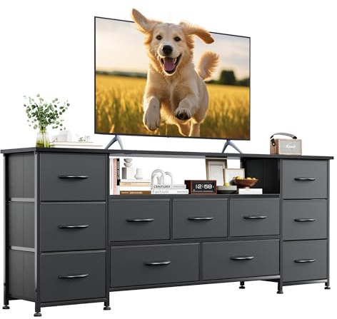 VERMESS 63 Tv Cabinet, Dresser for Bedroom with 11 Fabric Drawers, TV Stand with Power Socket for TVs up to 70, TV Units for Living Room, Bedroom, Black