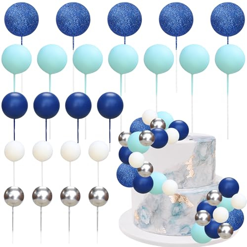 Gyufise 50Pcs Ball Cake Topper Sticks Mini Balloons Cake Decoration Foam Balls Cake Toppers for Winter Wonderland Baby Shower Birthday Party Supplies Blue White Silver