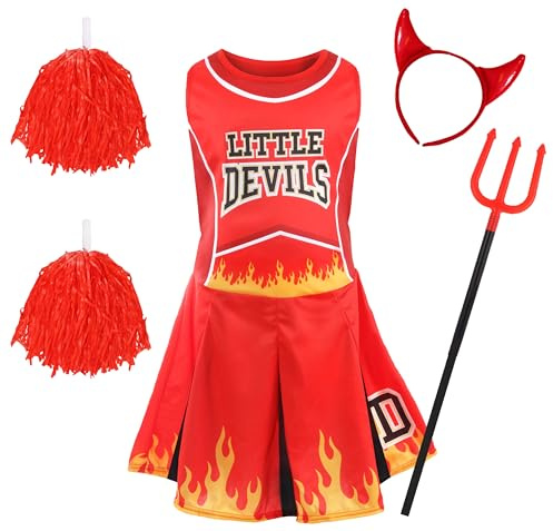 Vestito da cheerleader da diavolo per bambini, con pompon rossi, corna da diavolo, forcone da diavolo, perfetto per Halloween, taglia L
