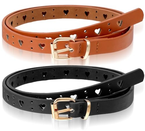 Teaaha 2 Pcs Kids Leather Girls Belt with Heart Buckle, PU Leather Elastic Waist Belt with Metal Buckle Adjustable Elastic Belts for Boys and Girls, Stretch Belts for Jeans and Dresses