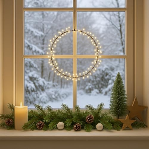 LED Kranz Lichterkranz aus Draht Türkranz Weihnachtskranz beleuchtet Fensterkranz Lichtkranz Dekokranz Batteriebetrieb (24cm)