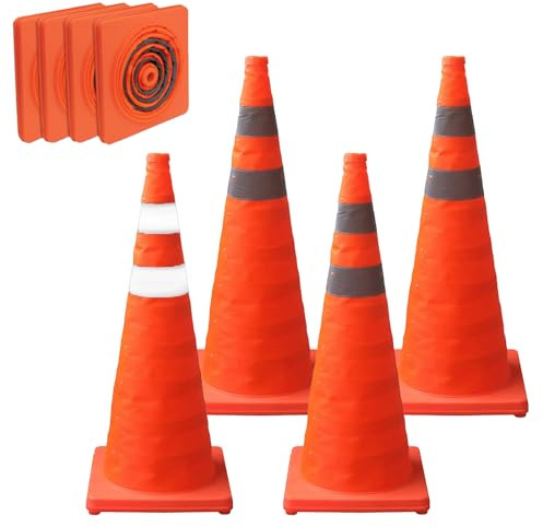BRGD 4 Piezas Conos de Seguridad Vial Plegables, Plegable Cono de Tráfico Pop Up con Banda Reflectante para Obras, Aparcamientos y Señalización Deportiva