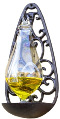 Cast Iron Thunder Glass Barometer, Wall-Mounted Weather Gauge, Brown and Clear, 13x27x11cm, with Liquid Dye, Garden Outdoor Decor
