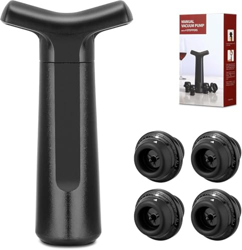 Wine Vacuum Pump Bottle Preserver Set with 4 Stoppers Keeps Wine Fresh | Reusable Vacuum Sealer. Air Removal System. Kitchen Bar Accessory. For Wine Lovers. Black Design.
