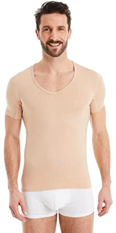 FINN Maglia Intima Funzionale per Uomo con Scollo a V - T-Shirt Anti-Sudore con Inserti Contro Le Macchie di Sudore - Canottiera a Maniche Corte in Tessuto Originale Lenzing® Modal Color Pelle M