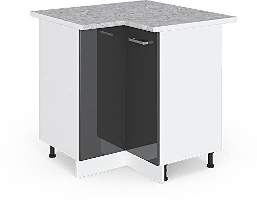 Vicco Eckunterschrank R-Line, Anthrazit Hochglanz, 75.6 cm | Verbindet zwei Küchenseiten · AP Marmor inkl. · Höhenverstellbare Füße · 1 Einlegeboden · 1 Tür
