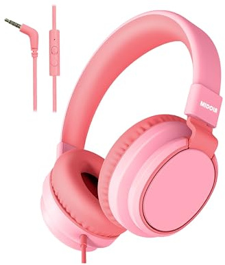 MIDOLA Kids Headphones for School Learning,Volume Limited 85/94dB, Foldable Lightweight Over-Ear Wired Headphones for Kids Toddler Girls Boys 3.5mm for Pad,Headsets with Built-in Mic Pink