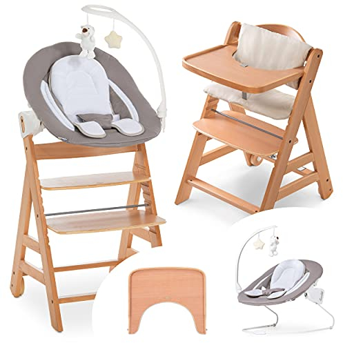 hauck Alpha Move Newborn Set Deluxe - Baby Holz Hochstuhl ab Geburt mit Liegefunktion - inkl. Aufsatz für Neugeborene, Sitzpolster, Essbrett - mitwachsend & verstellbar - Natur Sand Beige