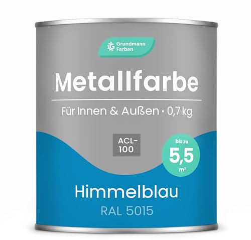 Grundmann Metallfarbe ACL 100 - Blau 0,7 Kg - Seidenmatt - 4in1 Metallschutzlack inkl. Rostschutz und Grundierung - RAL 5015 Himmelblau