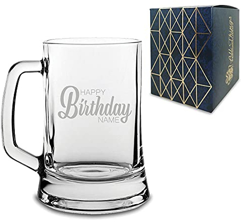 Personalised Engraved Beer Mug Tankard with Happy Birthday Name Design, Gift Boxed, Personalise with Any Name
