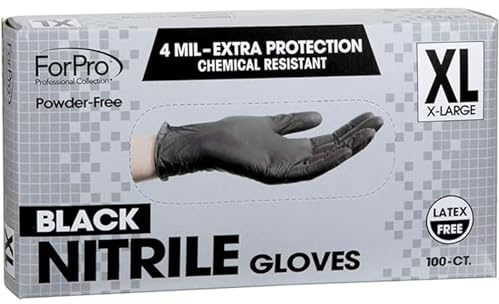 ForPro Professional Collection Disposable Nitrile Gloves, Chemical Resistant, Powder-Free, Latex-Free, Non-Sterile, Food Safe, 4 Mil, Black, X-Large, 100-Count