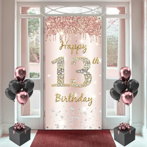 13. Geburtstag Mädchen Deko, Happy 13 Birthday Door Banner Roségold, 13. Geburtstag Stoff Schild Plakat Hintergrund Banner, Geburtstagsfeier Willkommensschild