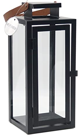 Dekovita 30cm Laterne in Schwarz - Gartenlaterne mit Glas-Scheiben und Kunstleder-Henkel - Metall Deko-Laterne Windlicht