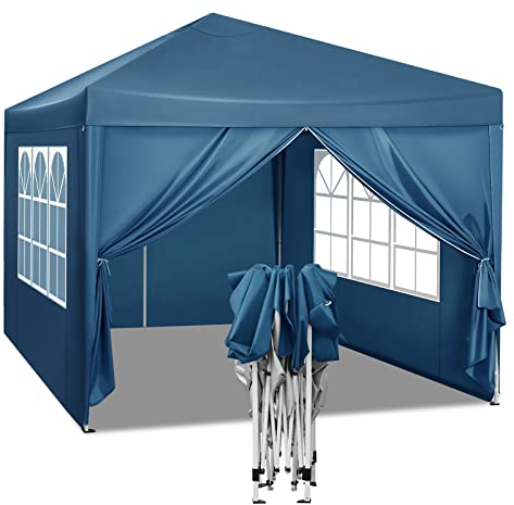 WOLTU Gazebo da Giardino Richiudibile 3x3m Gazebo da Esterno Ferro Regolabile in Altezza Tendone Pieghevole con Telo Idrorepellente, Protezione Solare, Facile Montare Blu