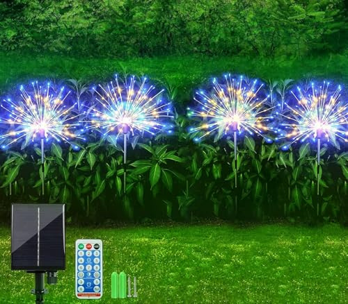 Sunlisky Lámparas solares para exterior, iluminación navideña solar para decoración de Navidad, jardín, exterior, 4 unidades, 480 LED con mando a distancia de 17 teclas, IP65, decoración de jardín
