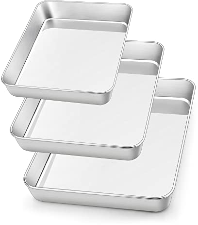Herogo Stainless Steel Baking Tray Set of 3, Rectangle Sheet Pan & Deep Oven Tray for Lasagna, Cookie, Brownie, Pizza, Heavy Duty & Anti-Rust, Easy Clean & Dishwasher Safe