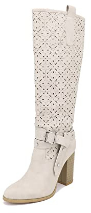 QUEEN HELENA Stivali Alti Traforati con Tacco Morbidi Casual Comodi Scamosciati con Fibbia Donna (X26-101 Beige, numeric_36)