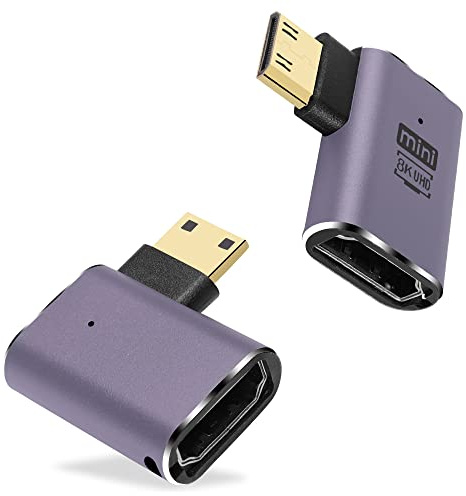 GINTOOYUN Adaptador Mini HDMI a HDMI estándar 8K versión 2.1 Mini HDMI macho a HDMI hembra adaptador de conexión para cámara, portátil, tableta, HDTV, proyector 2 unidades (curva derecha)
