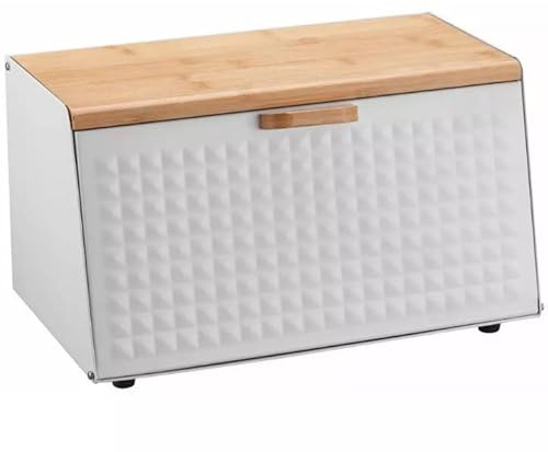 Luckyberg Brotkästen mit Deckel,Brotaufbewahrungsbox, Schneidebrett aus Bambus, Brotkasten aus Metall, Brot und Kekse Lange Aufbewahren und Frisch, 21,5/17.5X35,5x20cm (Brotkasten Weiß)