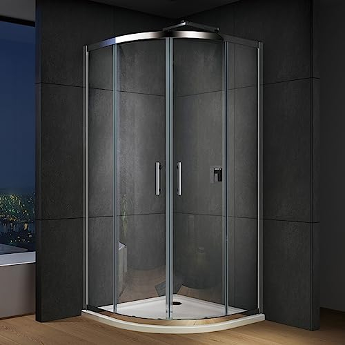 IMPTS Viertelkreis Duschkabine 90x90 komplett Duschabtrennung Runddusche Schiebetür Viertelkreisdusche 195cm aus 6mm ESG Nano Glas, inkl.Duschtasse & Ablaufgarnitur