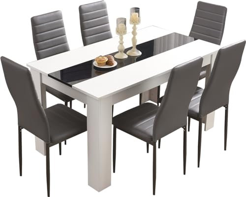 Blisswood Dining Table Set, Dining Table and Chair Set, Pu Leather Dining Room Chairs and 17mm Thick Table Top Long Modern Dining Table Set (White & Black Dining Table and 6 Grey Chair)
