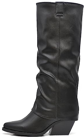 IF Fashion Scarpe Stivali Texani Arricciati Da Donna Con Ghetta Risvolto MP627 nero N.38